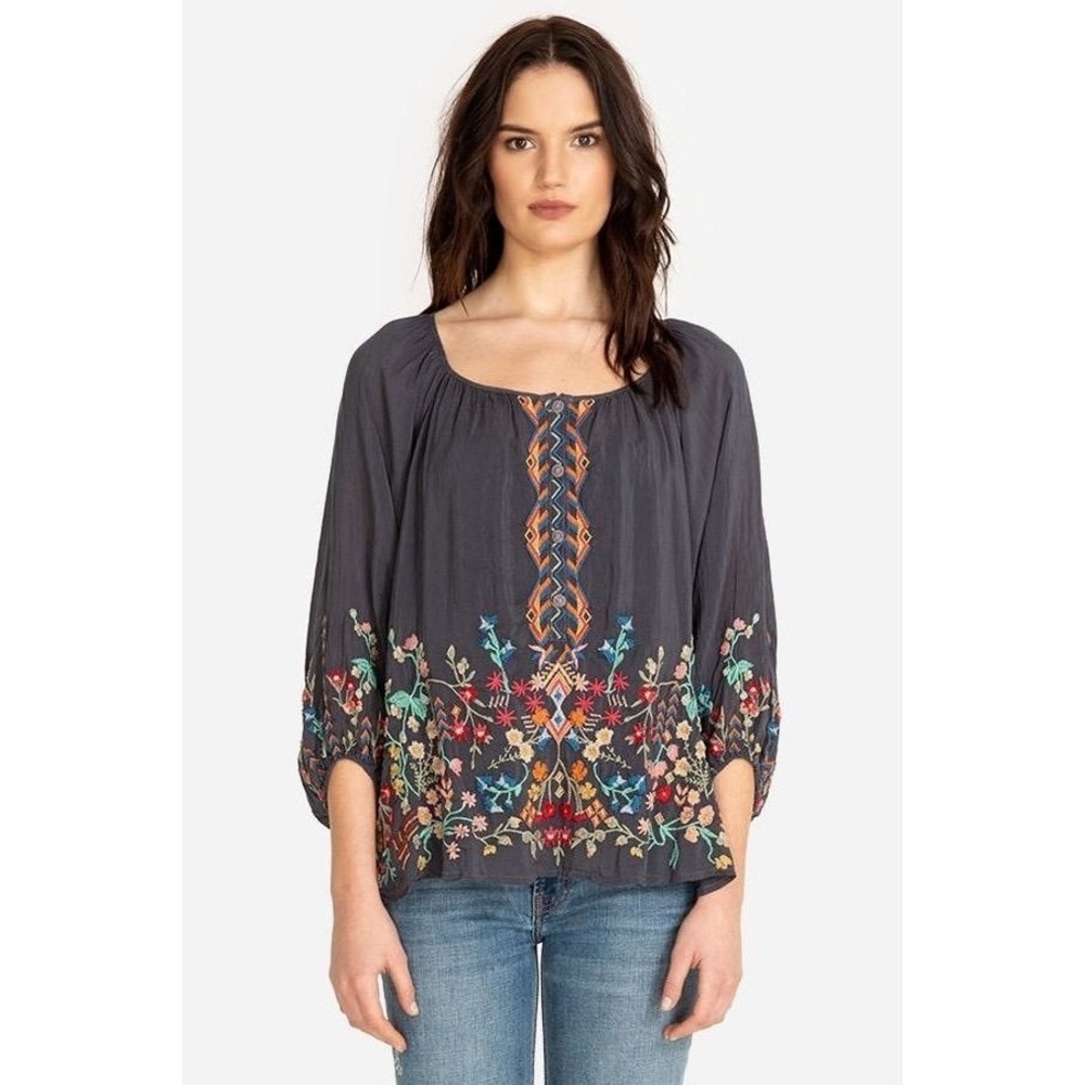 Johnny Was Embroidered Peasant Top Shirt Womens M Grey Sarah Boho Festival Cupro